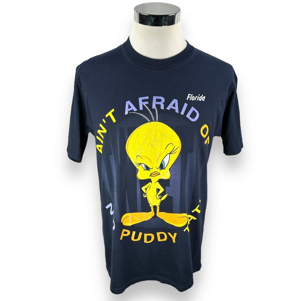Vintage Tweety‎ Bird T-Shirt Men's Large Ain't Afraid Puddy Cat Blue USA 90s
